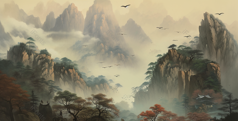 俯视山脚下手绘新中式意境山水画插画背景,插画/手绘图,插画/手绘图库,插画/手绘图下载,插画/手绘